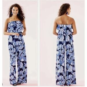 Lilly Pulitzer Size S Aleatha Reel Life Blue Print Sleeveless Jumpsuit Strapless